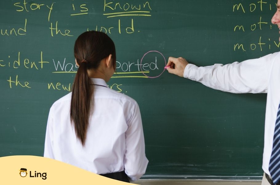 Jeune Fille Devant Un Tableau Noir Avec Des Règles De Grammaire