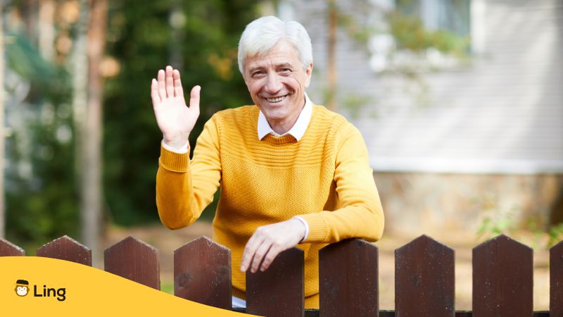 Nachbar Grüßt Formell Am Gartenzaun.