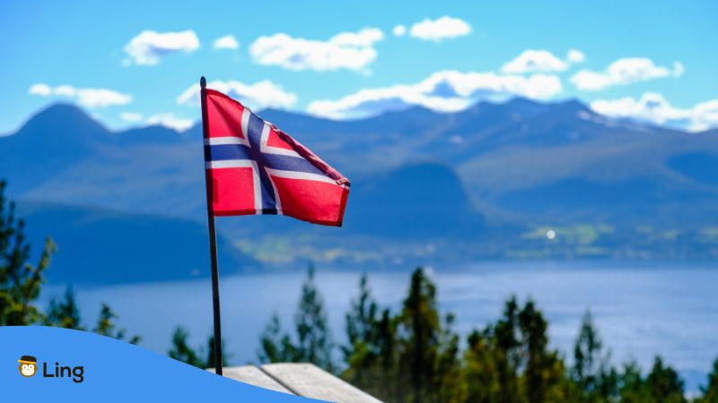 Norwegische Flagge, Weht Vor Wunderbarer Norwegischer Landschaft.