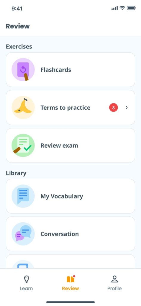 The Review Tab In The Ling App, With Flashcards, Review Exercises And Your Saved Vocabulary